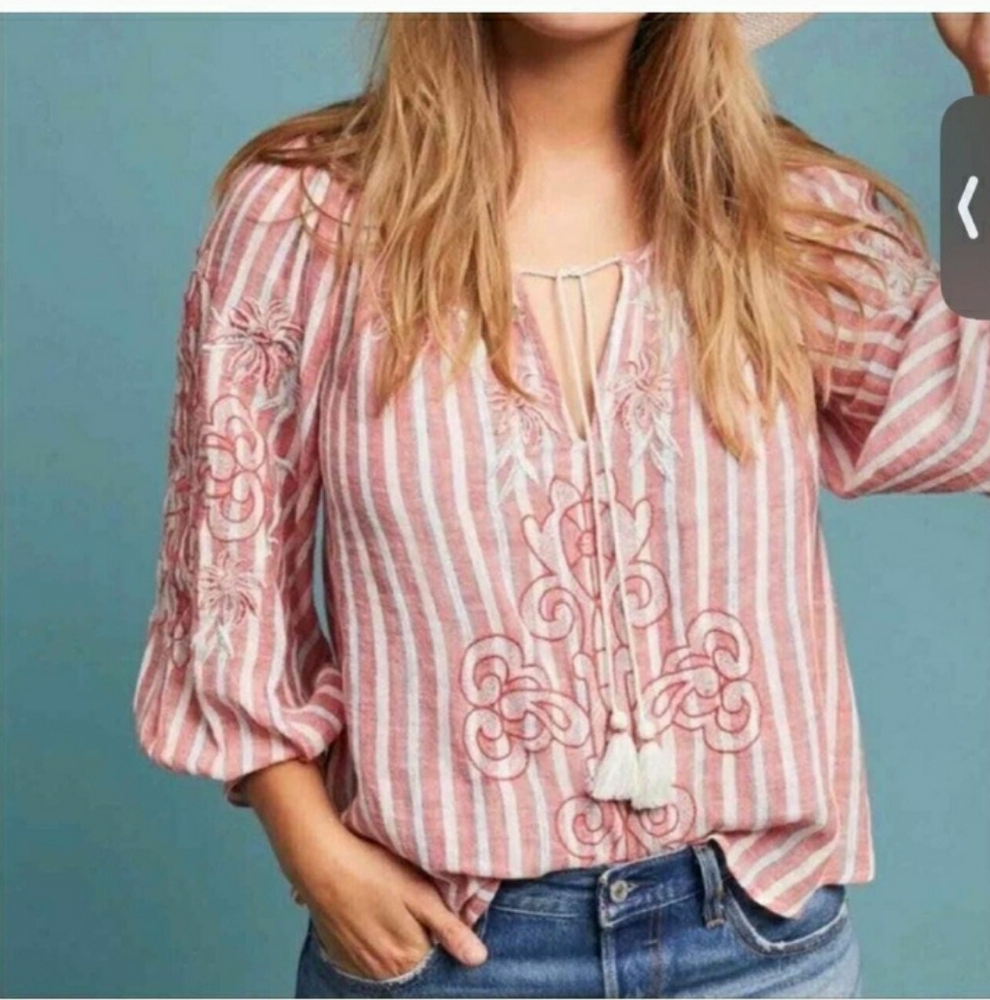 Anthropologie Akemi + Kin Striped Pink Embroidered Peasant Top Linen Tassel Red